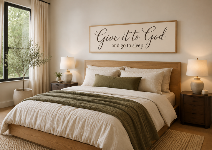 Give it to God and Go to Sleep long horizontal canvas sign in a wood frame above a bed.