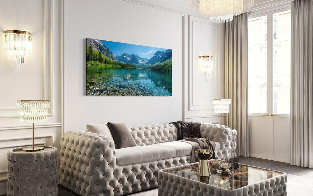 Glacier National Park Montana Landscape Framed Canvas Wall Art above beige couch