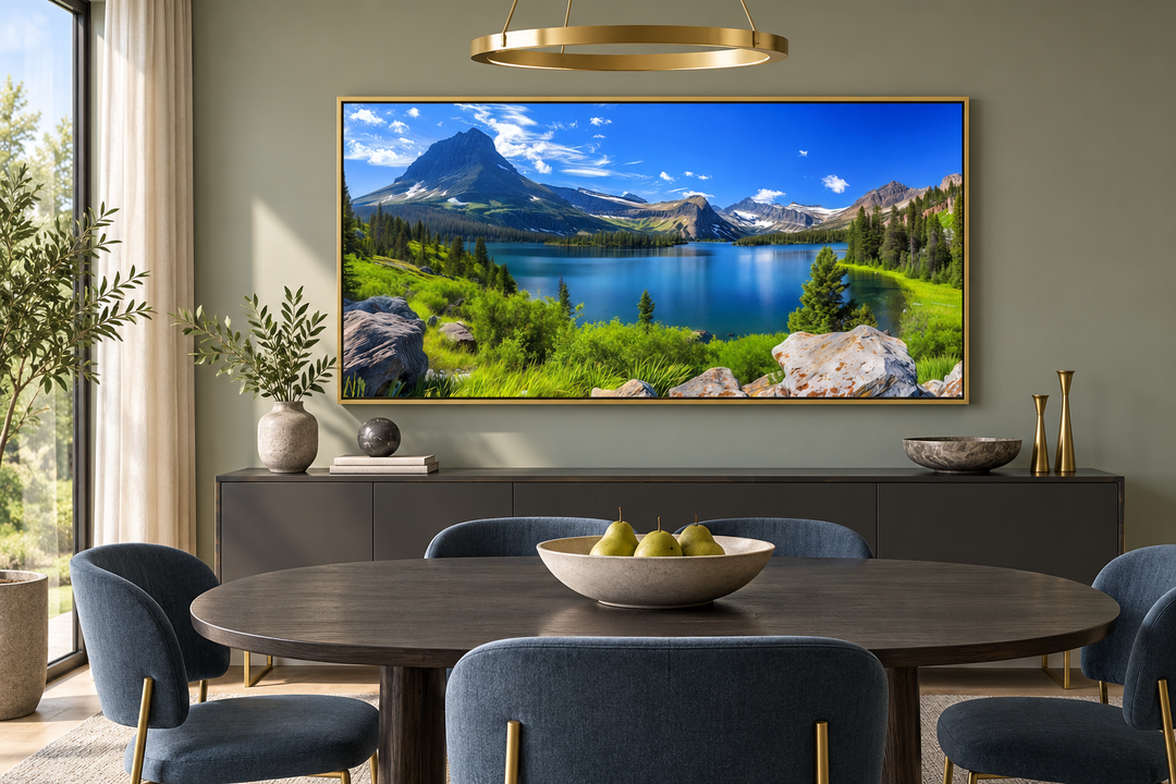 Framed canvas print of Glacier National Park landscape hanging in a modern dining room.