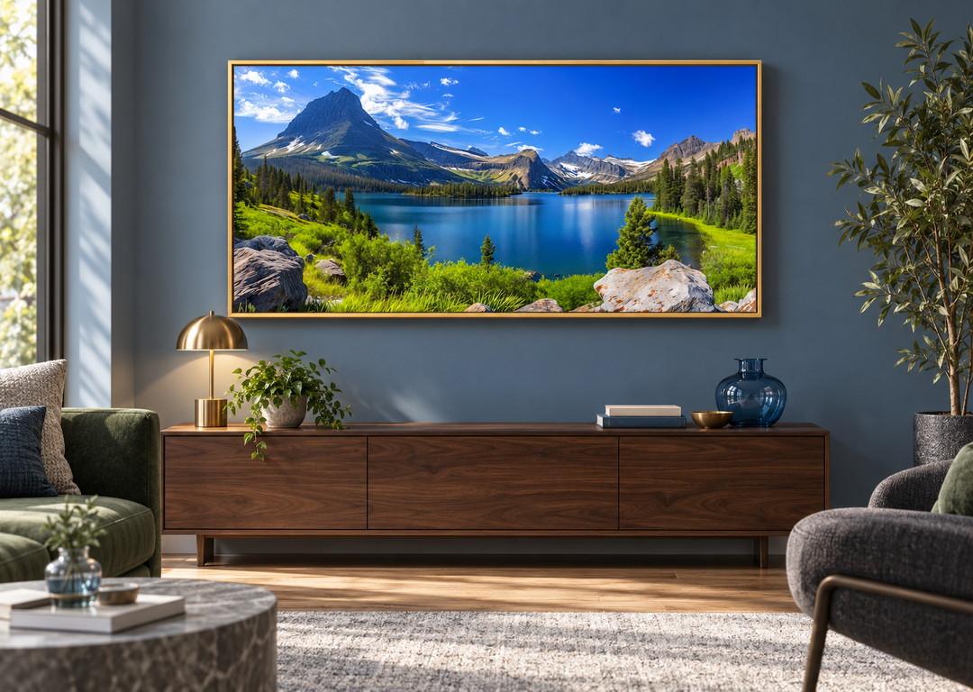 Framed canvas print of Glacier National Park landscape with mountains and lake in a living room.