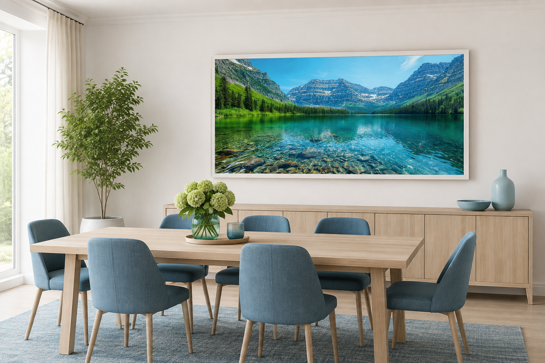 Glacier National Park framed canvas wall art featuring a Montana mountain and lake landscape.