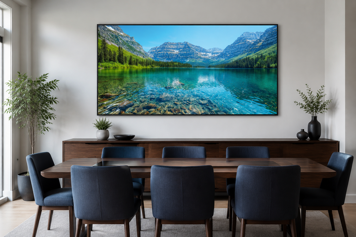 Glacier National Park framed canvas wall art featuring a serene Montana mountain lake landscape.