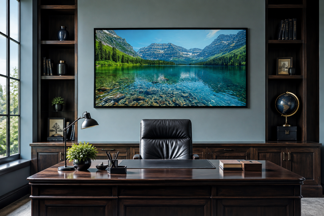 Framed canvas wall art of Glacier National Park landscape hanging in a dark wood home office.