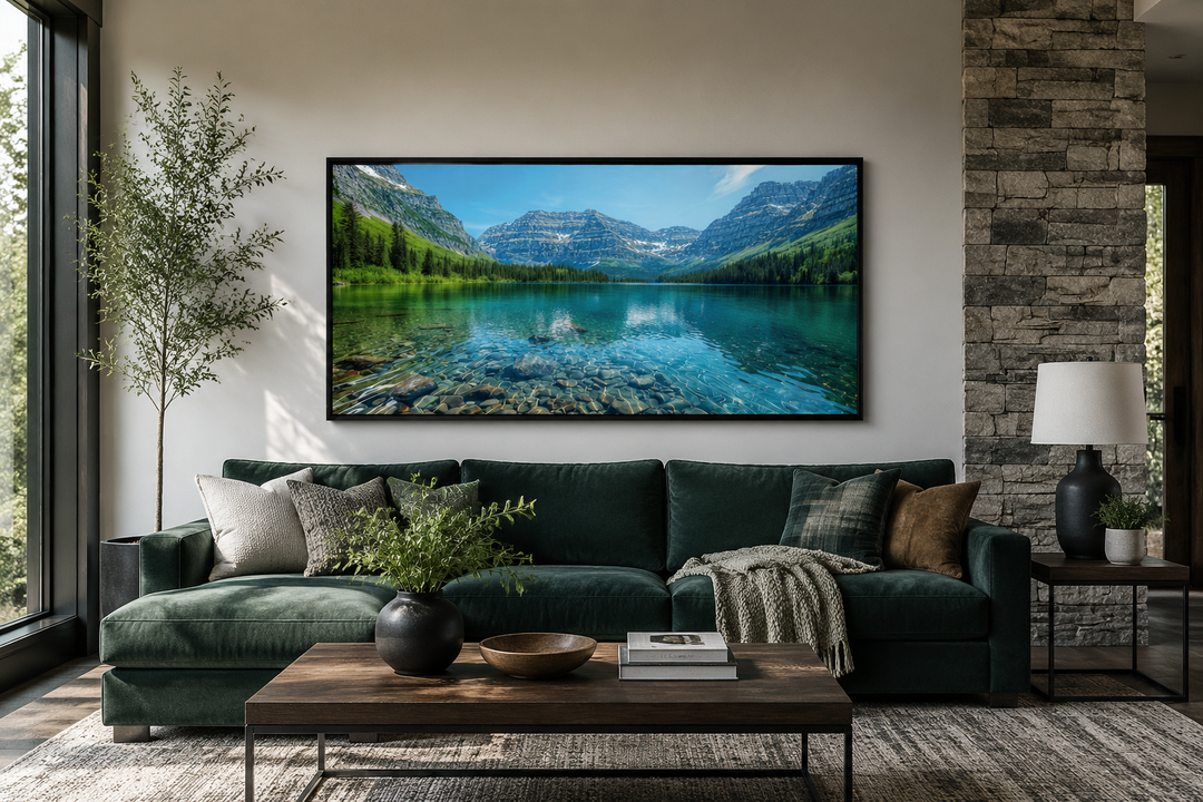 Glacier National Park framed canvas wall art featuring a Montana mountain lake landscape.
