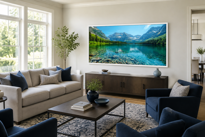 Glacier National Park framed canvas wall art featuring a Montana mountain lake in a living room.