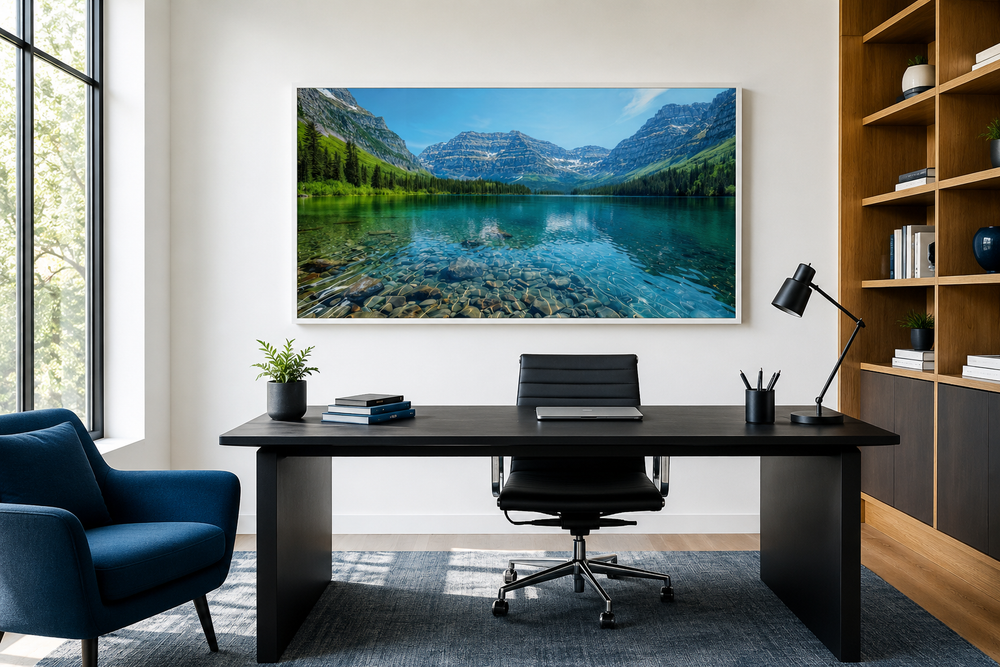 Glacier National Park framed canvas wall art featuring a Montana mountain landscape over a desk.
