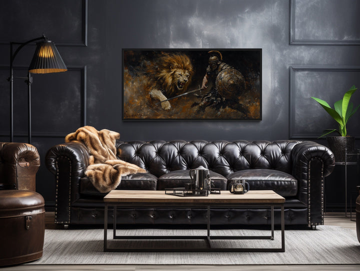 Gladiator Fighting Lion Canvas Wall Art For Man Cave Decor