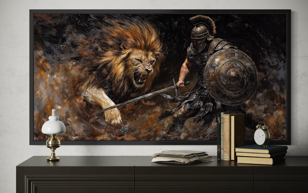 Gladiator Fighting Lion Canvas Wall Art For Man Cave Decor