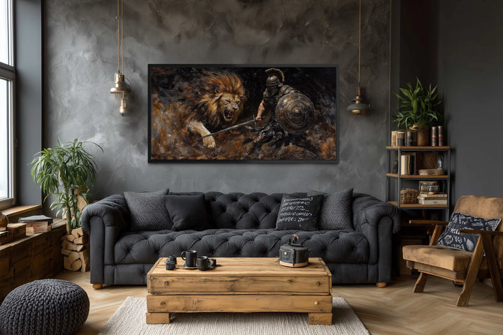 Gladiator Fighting Lion Canvas Wall Art For Man Cave Decor
