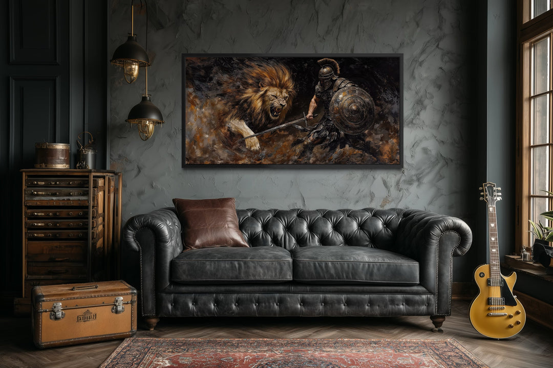 Gladiator Fighting Lion Canvas Wall Art For Man Cave Decor