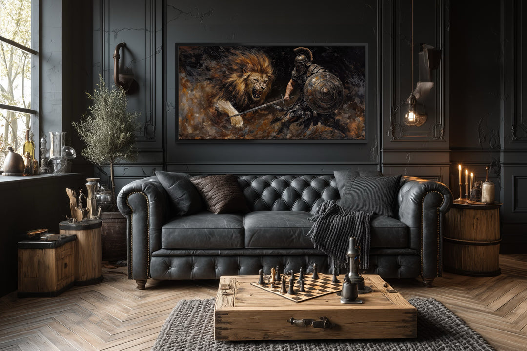 Gladiator Fighting Lion Canvas Wall Art For Man Cave Decor