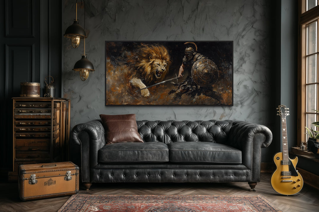 Gladiator Fighting Lion Canvas Wall Art For Man Cave Decor