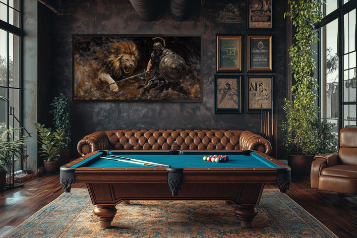 Gladiator Fighting Lion Canvas Wall Art For Man Cave Decor