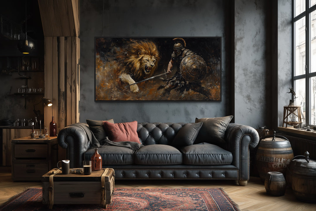 Gladiator Fighting Lion Canvas Wall Art For Man Cave Decor