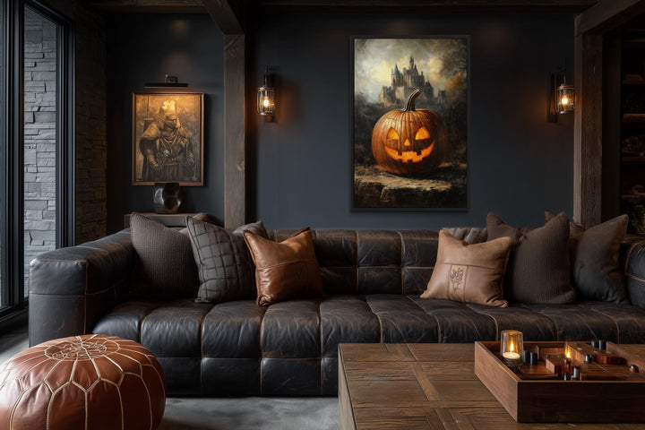 Glowing Jack-O’-Lantern in Front of Gothic Castle Halloween Wall Art