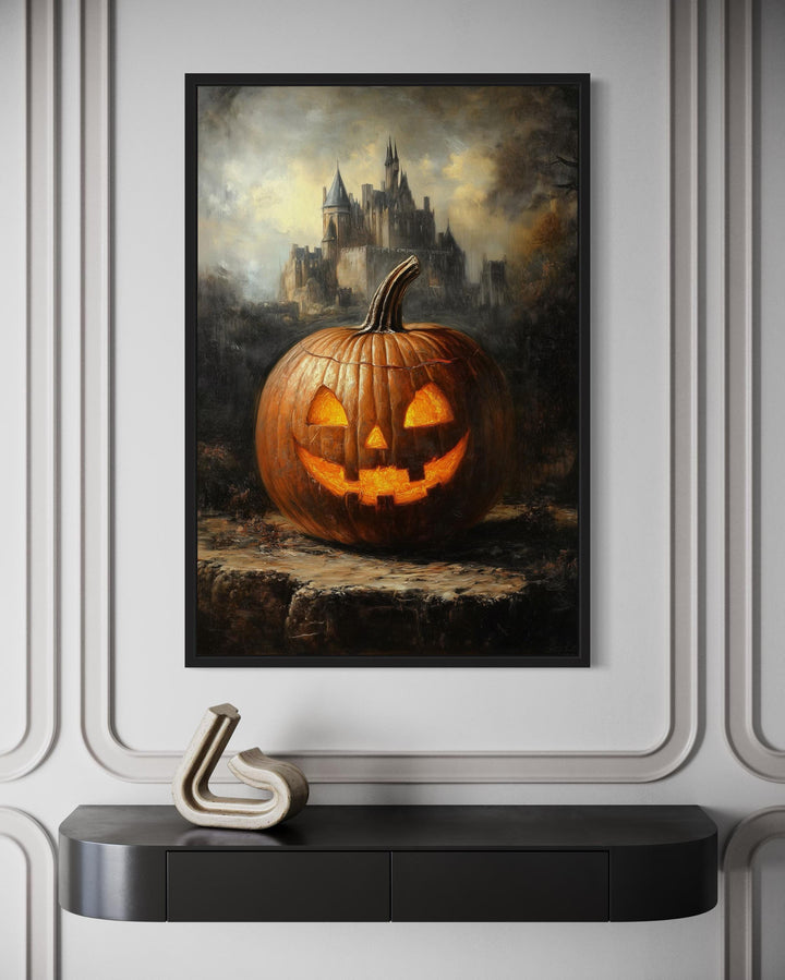 Glowing Jack-O’-Lantern in Front of Gothic Castle Halloween Wall Art