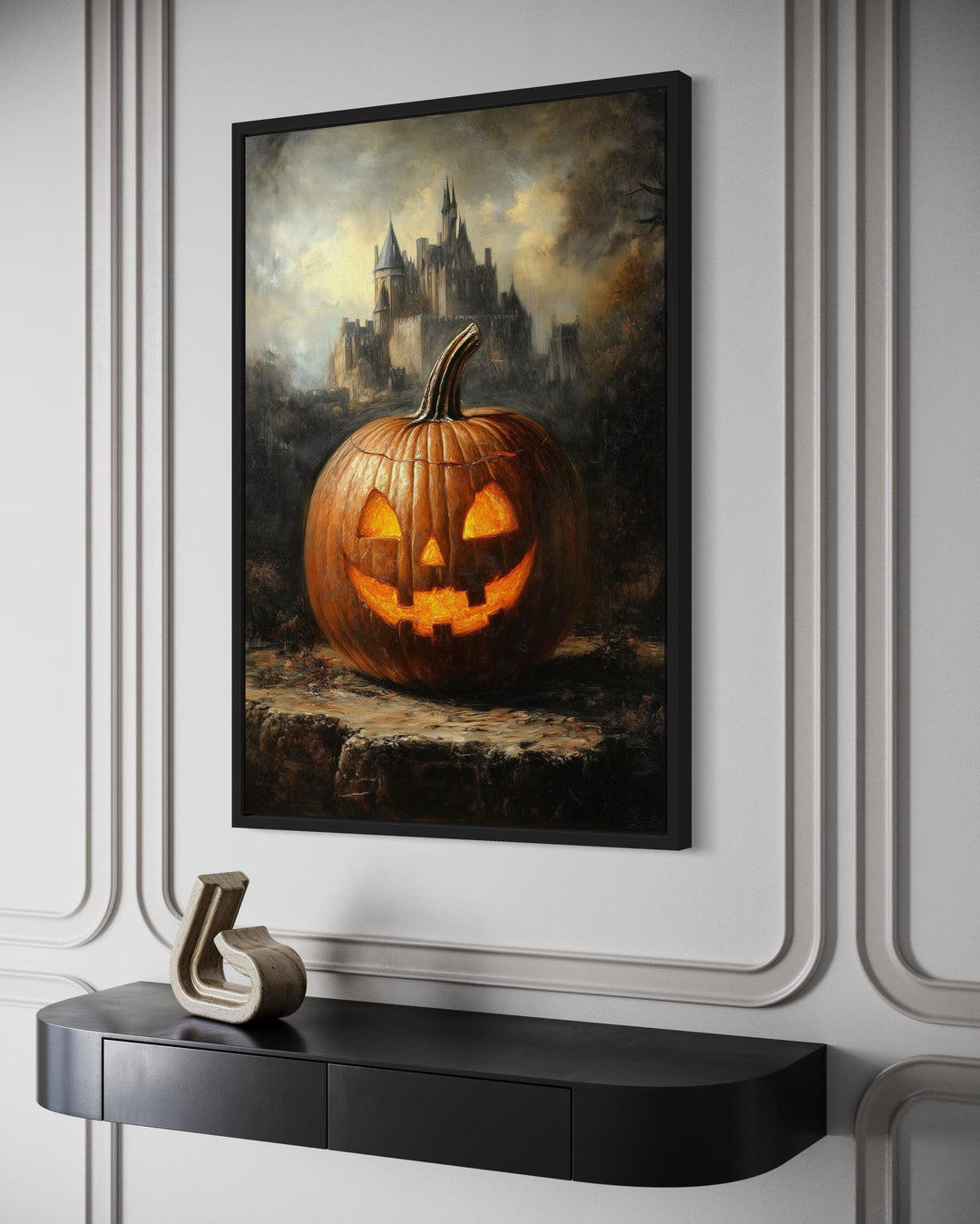 Glowing Jack-O’-Lantern in Front of Gothic Castle Halloween Wall Art