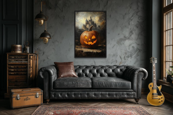 Glowing Jack-O’-Lantern in Front of Gothic Castle Halloween Wall Art