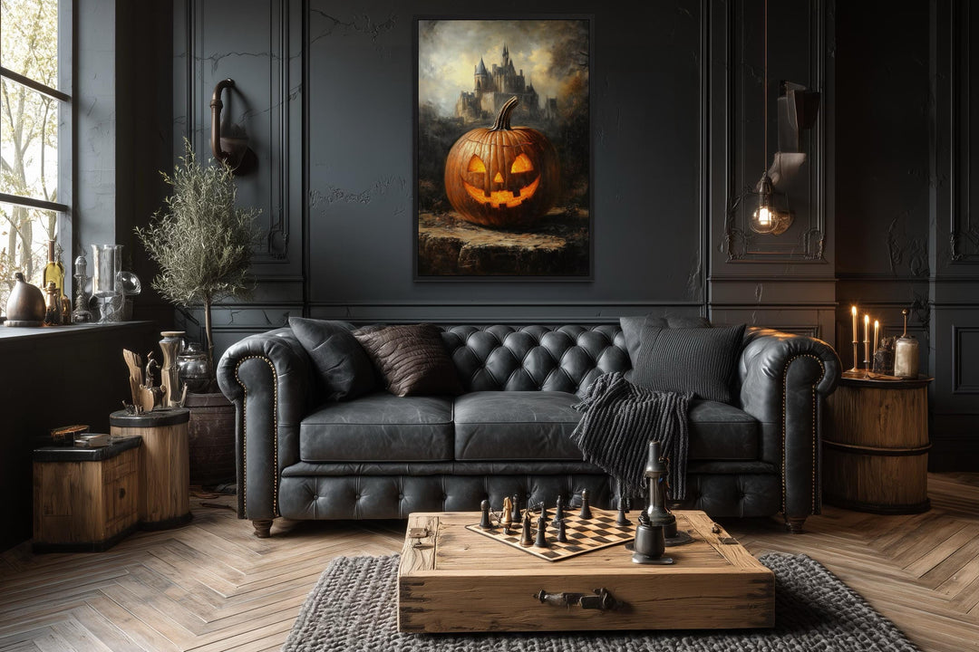 Glowing Jack-O’-Lantern in Front of Gothic Castle Halloween Wall Art