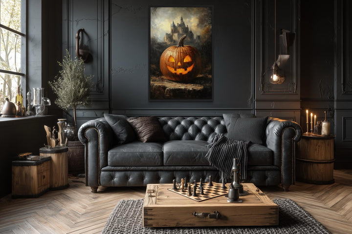 Glowing Jack-O’-Lantern in Front of Gothic Castle Halloween Wall Art