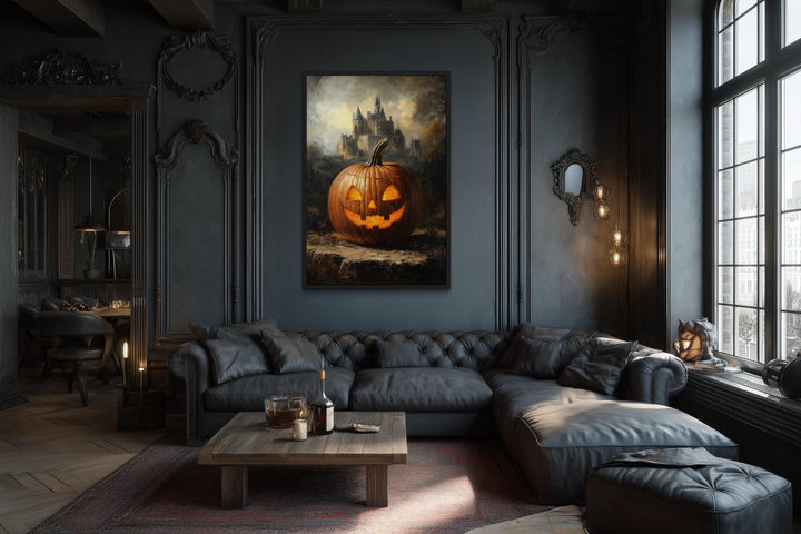 Glowing Jack-O’-Lantern in Front of Gothic Castle Halloween Wall Art