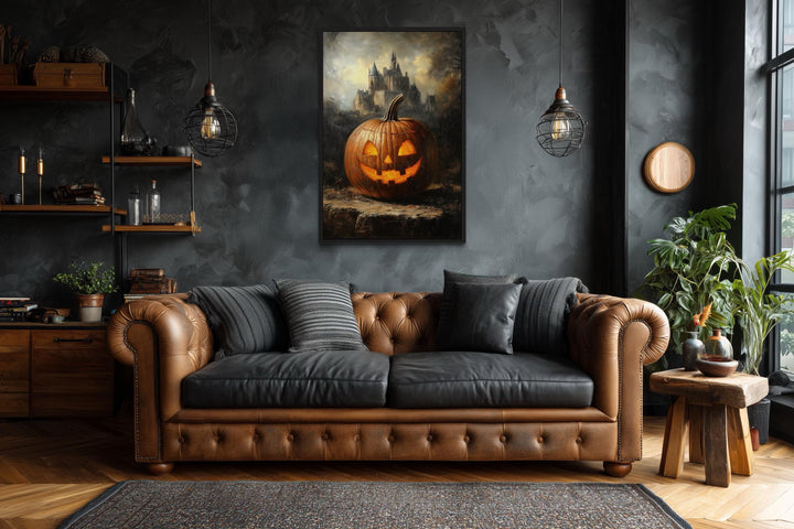 Glowing Jack-O’-Lantern in Front of Gothic Castle Halloween Wall Art