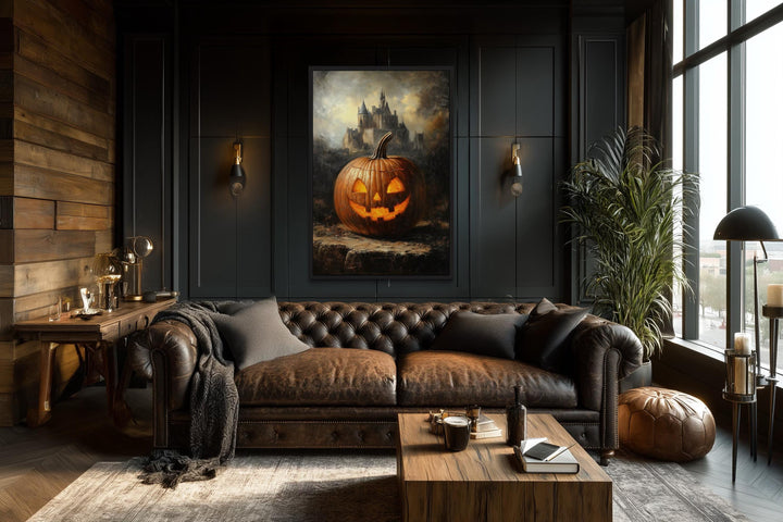 Glowing Jack-O’-Lantern in Front of Gothic Castle Halloween Wall Art