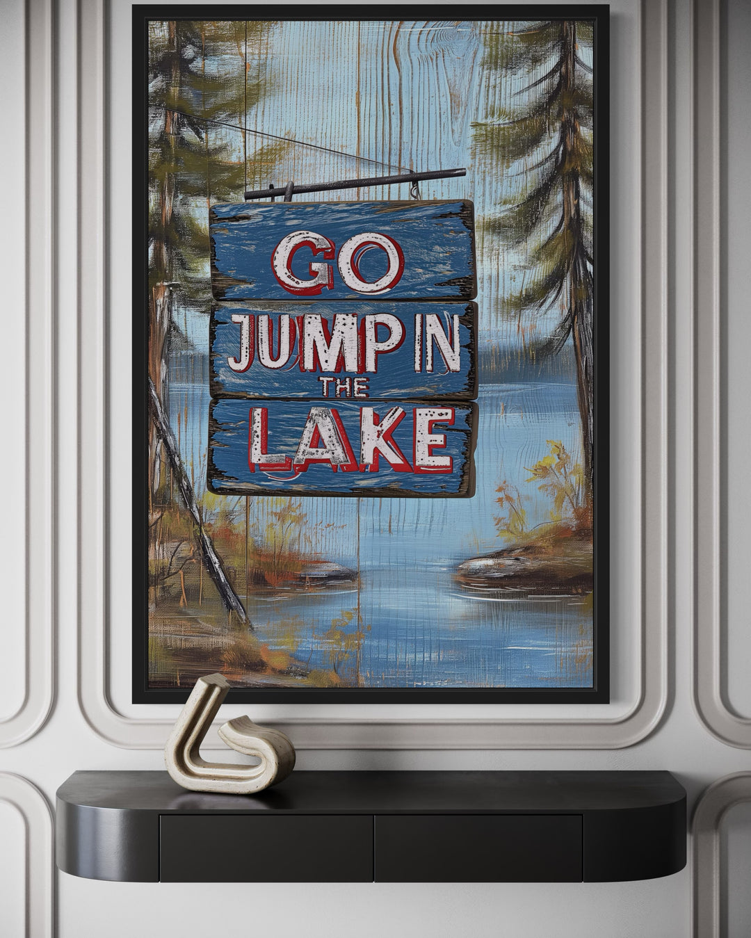 Go Jump In The Lake Rustic Lake House Framed Canvas Wall Art