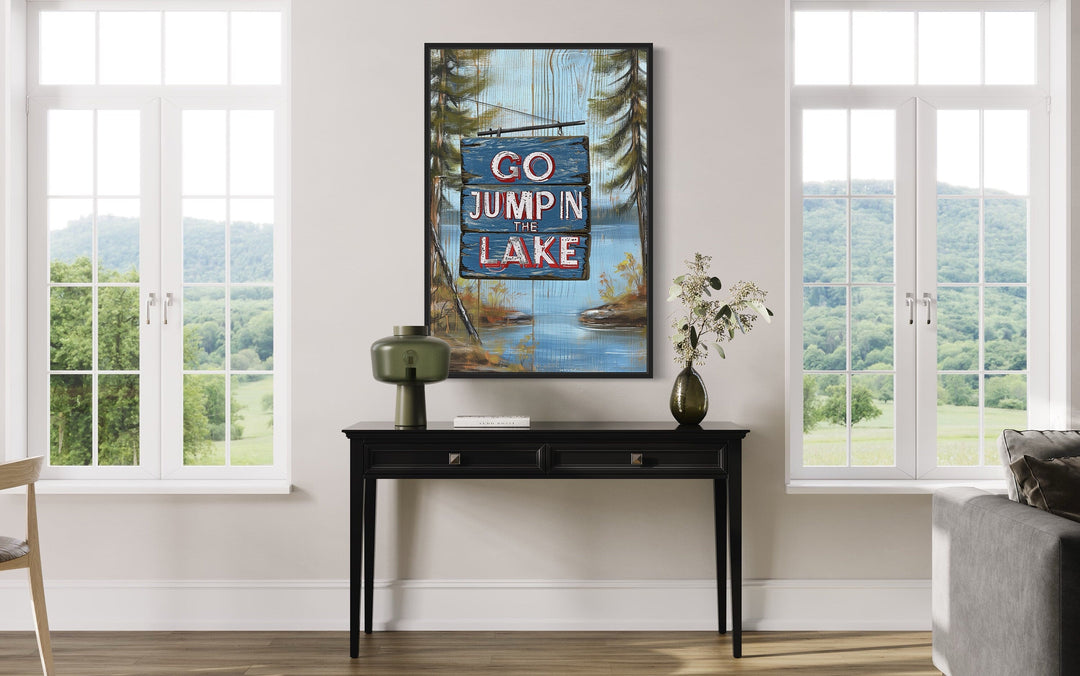 Rustic Cabin Wall Decor - Go Jump In The Lake Rustic Lake House Framed Canvas Wall Art