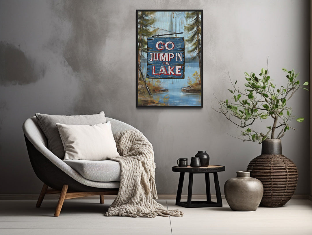 Rustic Cabin Wall Decor - Go Jump In The Lake Rustic Lake House Framed Canvas Wall Art