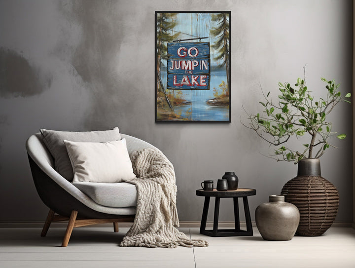 Go Jump In The Lake Rustic Lake House Framed Canvas Wall Art