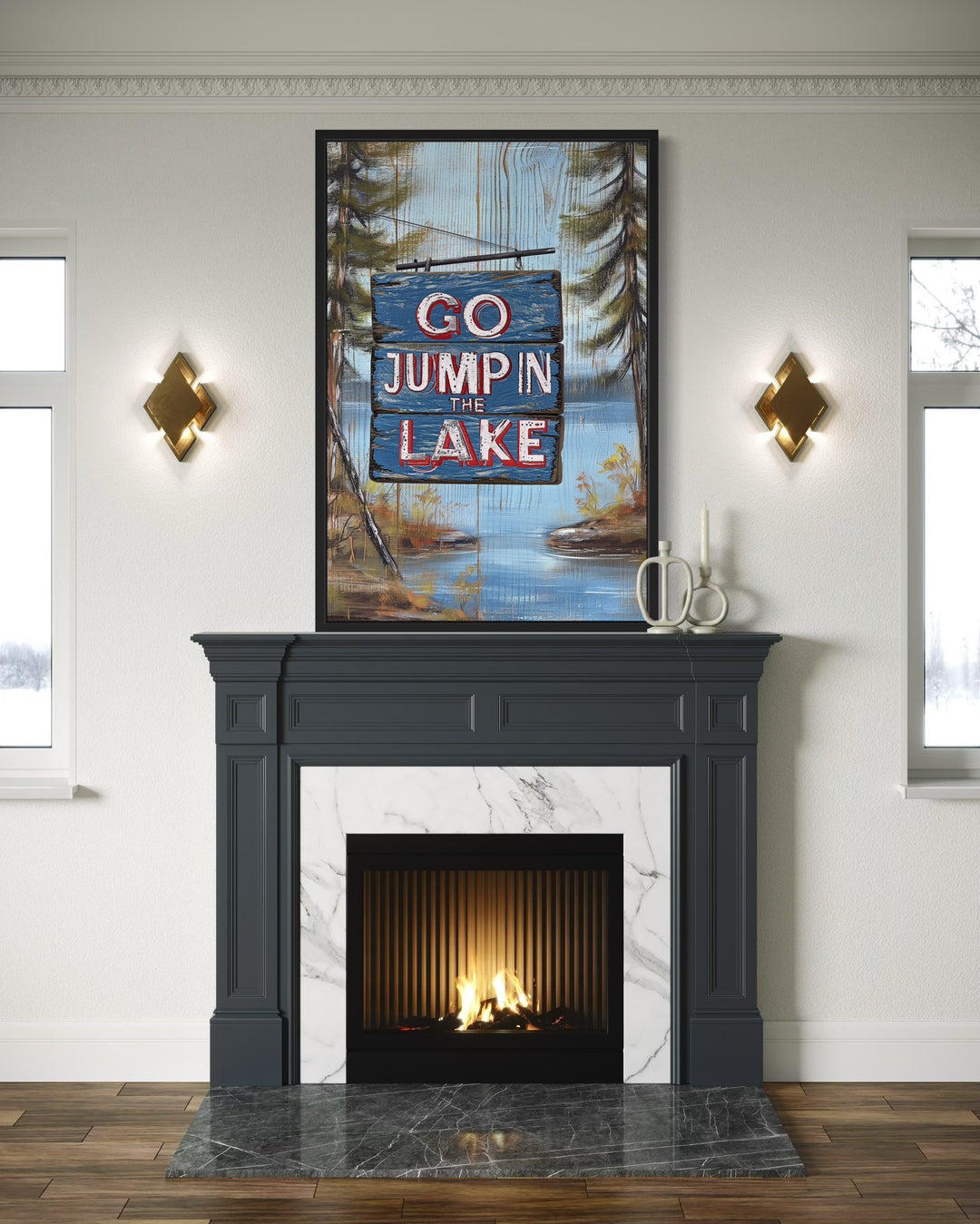 Go Jump In The Lake Rustic Lake House Framed Canvas Wall Art