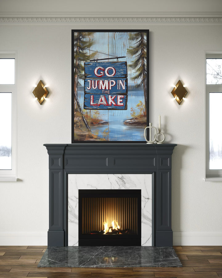 Go Jump In The Lake Rustic Lake House Framed Canvas Wall Art