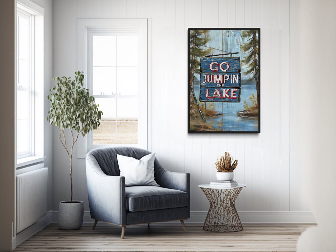 Rustic Cabin Wall Decor - Go Jump In The Lake Rustic Lake House Framed Canvas Wall Art