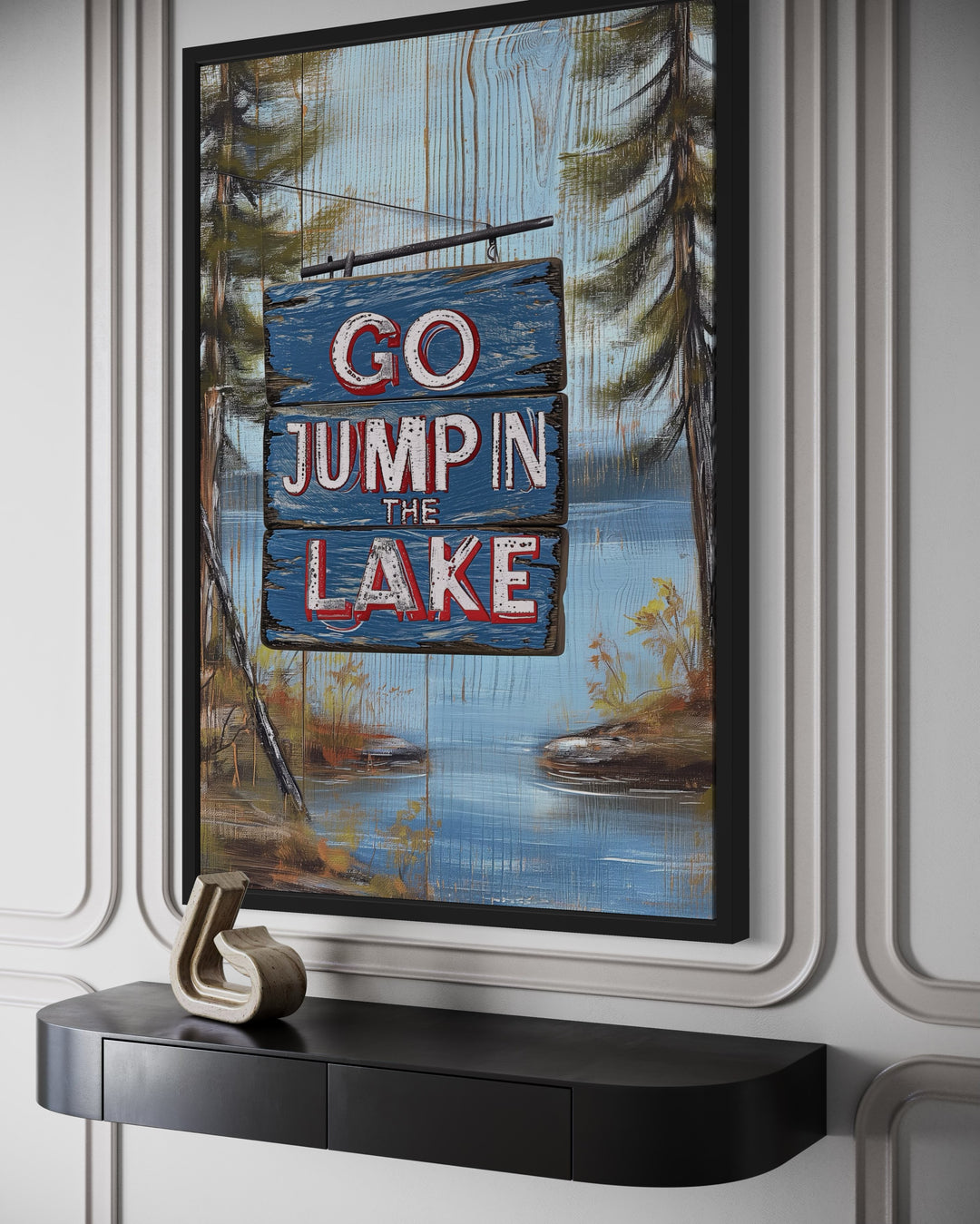 Go Jump In The Lake Rustic Lake House Framed Canvas Wall Art