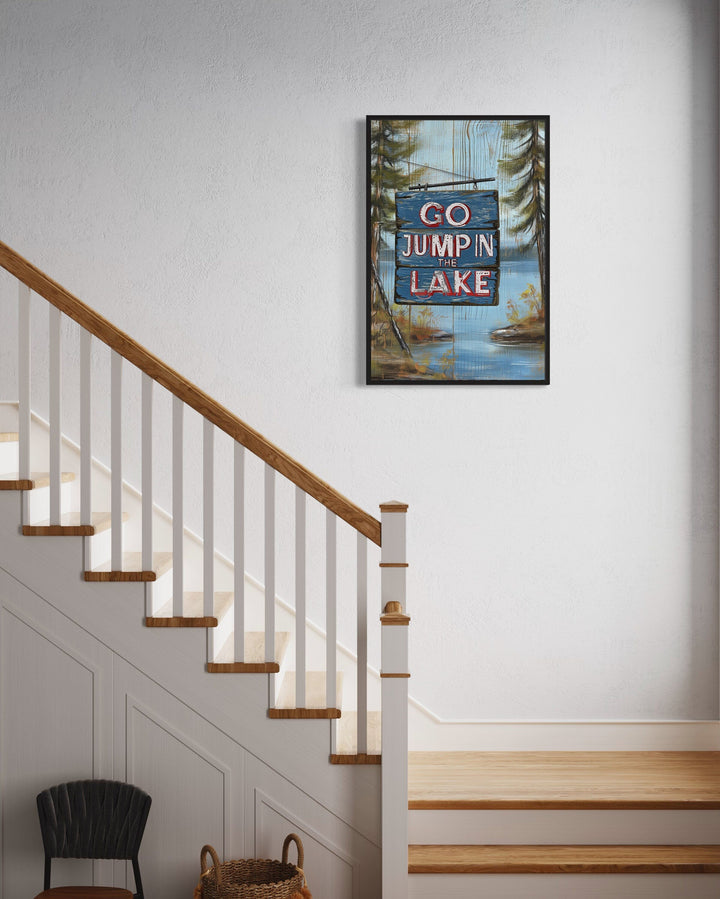 Rustic Cabin Wall Decor - Go Jump In The Lake Rustic Lake House Framed Canvas Wall Art