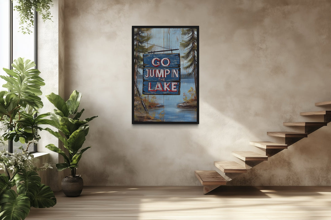Go Jump In The Lake Rustic Lake House Framed Canvas Wall Art