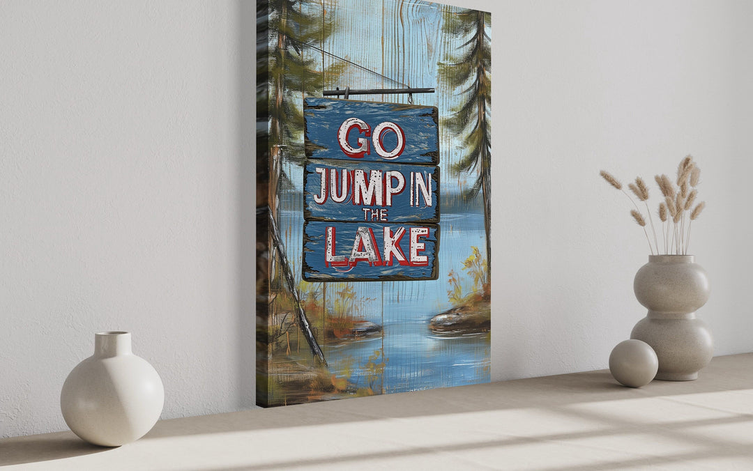 Rustic Cabin Wall Decor - Go Jump In The Lake Rustic Lake House Framed Canvas Wall Art