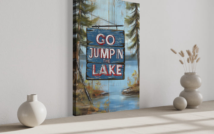 Go Jump In The Lake Rustic Lake House Framed Canvas Wall Art