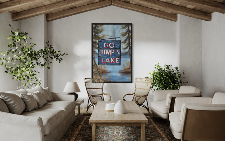 Go Jump In The Lake Rustic Lake House Framed Canvas Wall Art