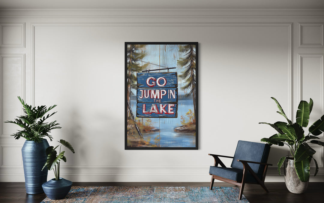 Go Jump In The Lake Rustic Lake House Framed Canvas Wall Art