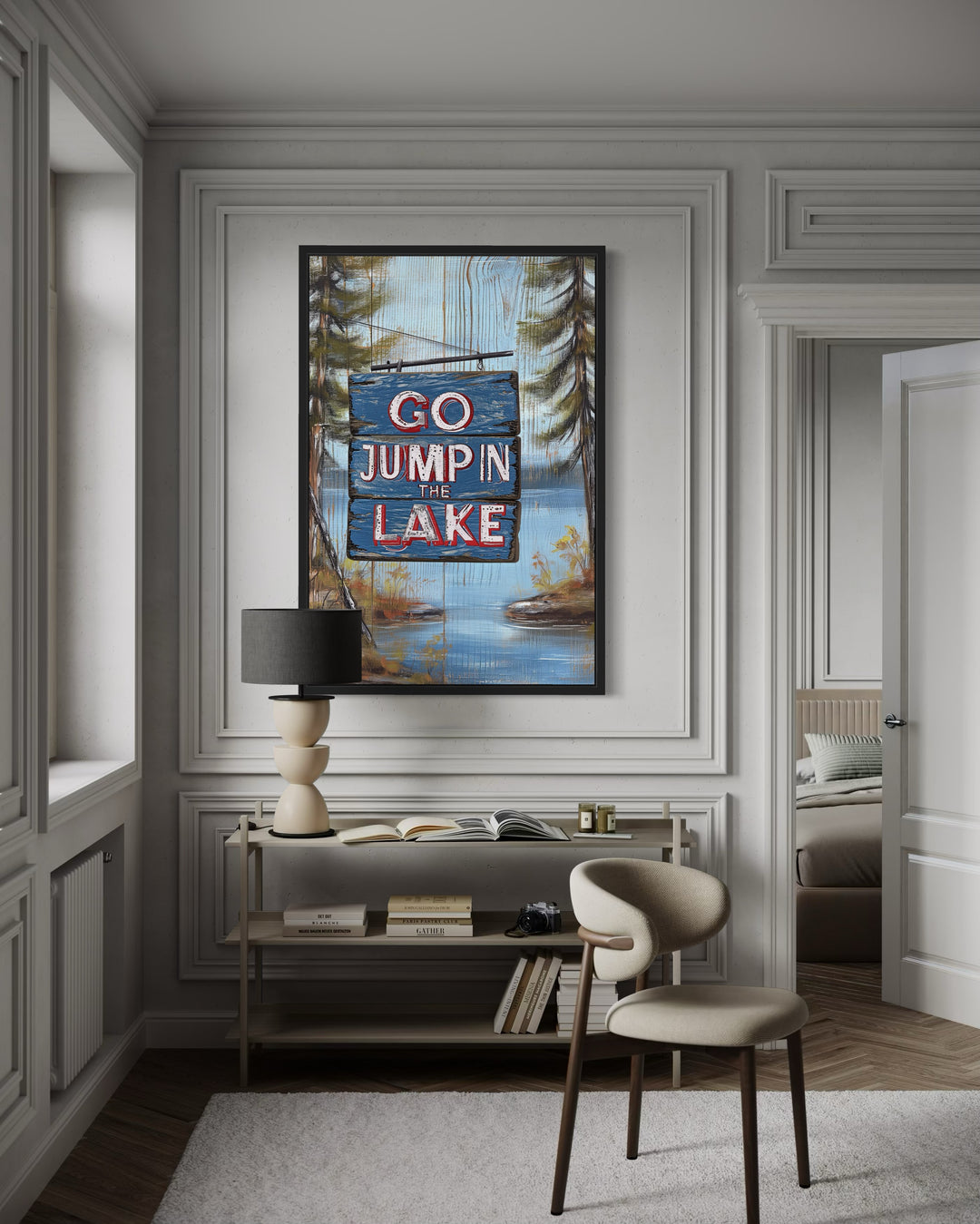 Go Jump In The Lake Rustic Lake House Framed Canvas Wall Art