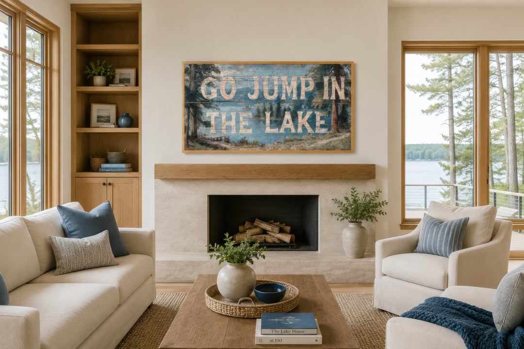 Go Jump in the Lake painting on wood canvas wall art above a fireplace in a rustic living room.