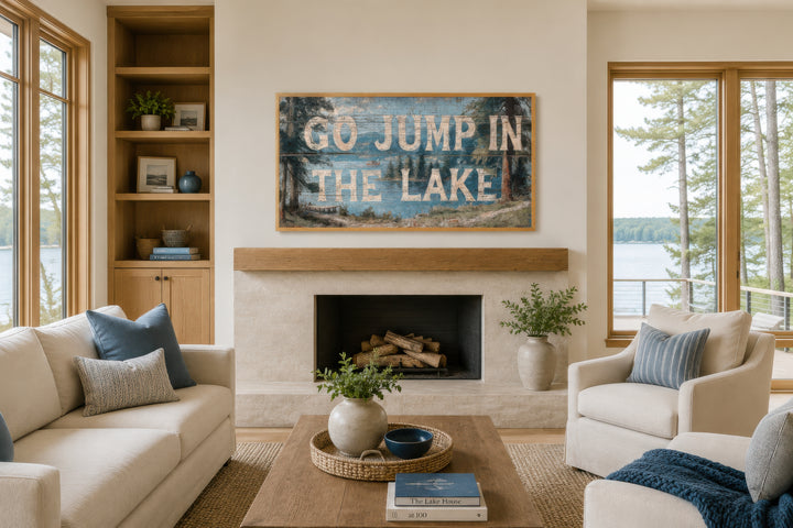 Go Jump in the Lake painting on wood canvas wall art above a fireplace in a rustic living room.