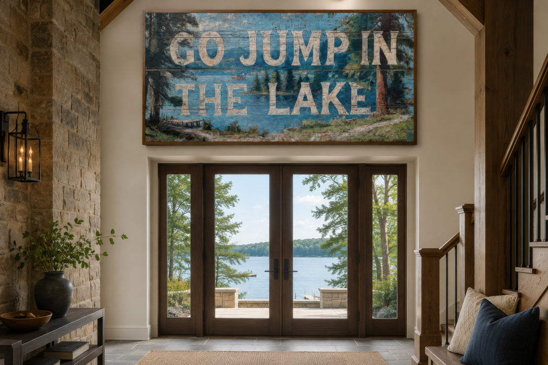Rustic Go Jump in the Lake painting on wood-style canvas above a lake house entryway door.