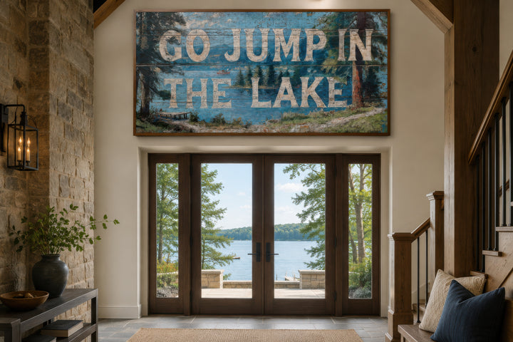 Rustic Go Jump in the Lake painting on wood-style canvas above a lake house entryway door.