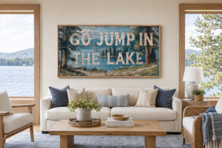 Rustic Go Jump in the Lake wood-style canvas wall art above a white sofa in a lake house living room