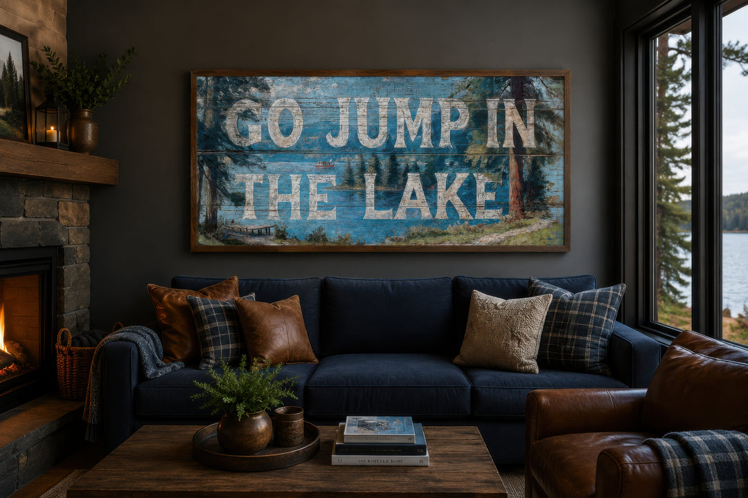 Go Jump in the Lake rustic wood-style canvas wall art above a navy sofa in a cozy cabin living room.
