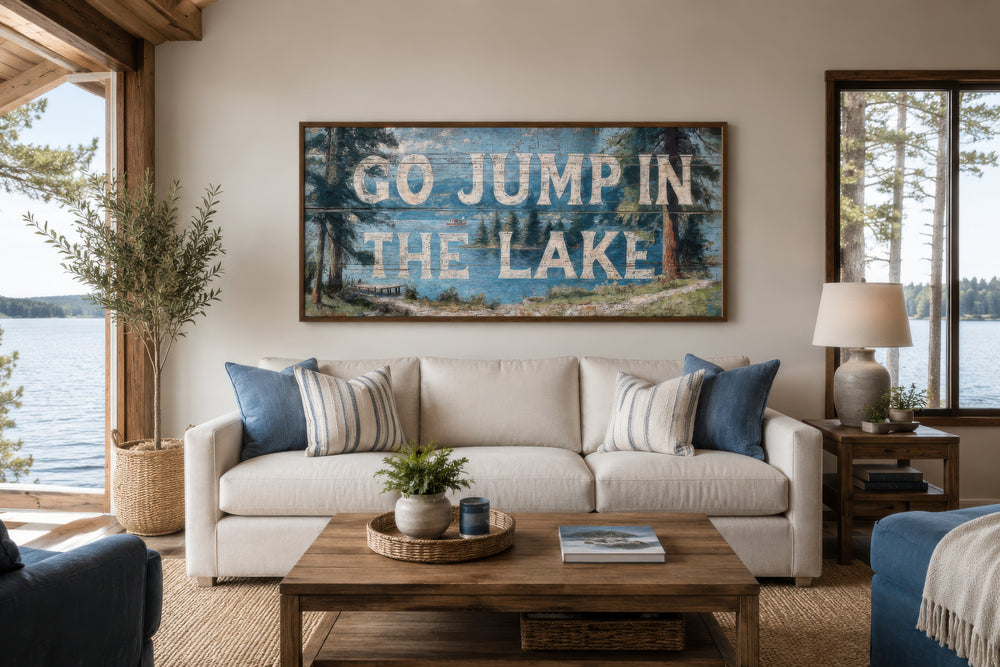Rustic Go Jump in the Lake painting on wood canvas wall art above a white sofa in a lake house.