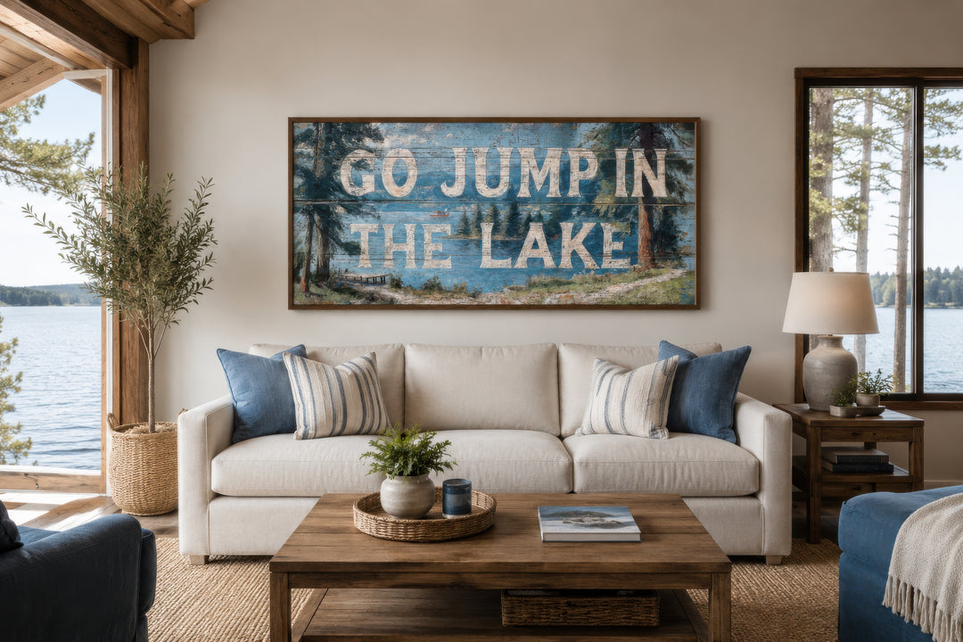 Rustic Go Jump in the Lake painting on wood canvas wall art above a white sofa in a lake house.